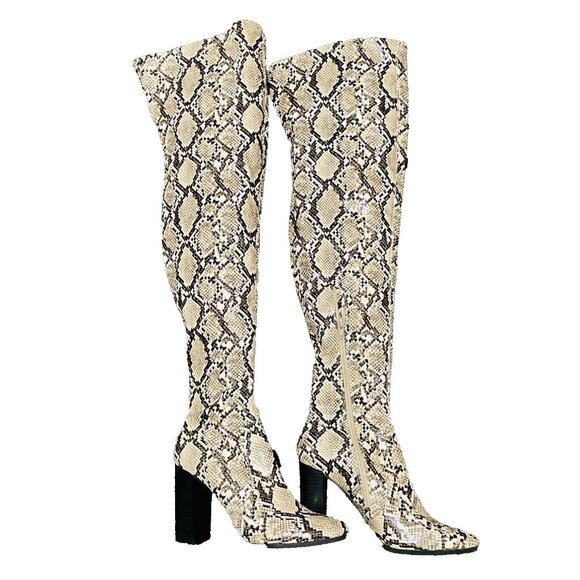 Forever 21 Boots Womens Size 8 Tan Brown Snake Print Zip Over The Knee High Heel - Picture 1 of 11